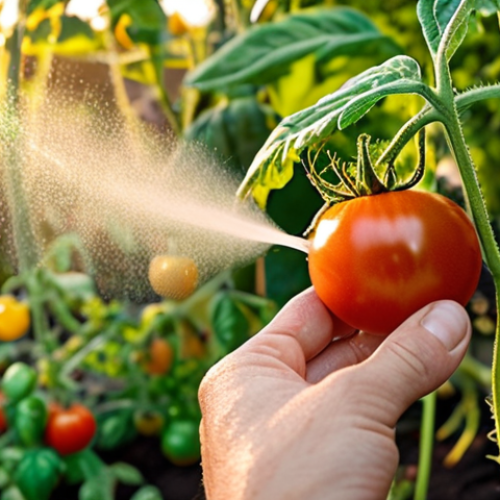 Home 4 **
Prompt: *Close-up shot of a vibrant vegetable garden. In the foreground, a hand gently applies a mist of plant growth regulator to a tomato plant laden with ripening tomatoes. Focus on the droplets and the healthy foliage. The background shows a variety of other vegetables thriving in the garden, bathed in golden sunlight. Emphasize the concept of "plant doctor" with a caring touch. High detail, photorealistic, natural light.*
**